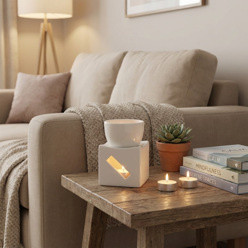 White Square Ceramic Aromatherapy Oil Burner with Bowl